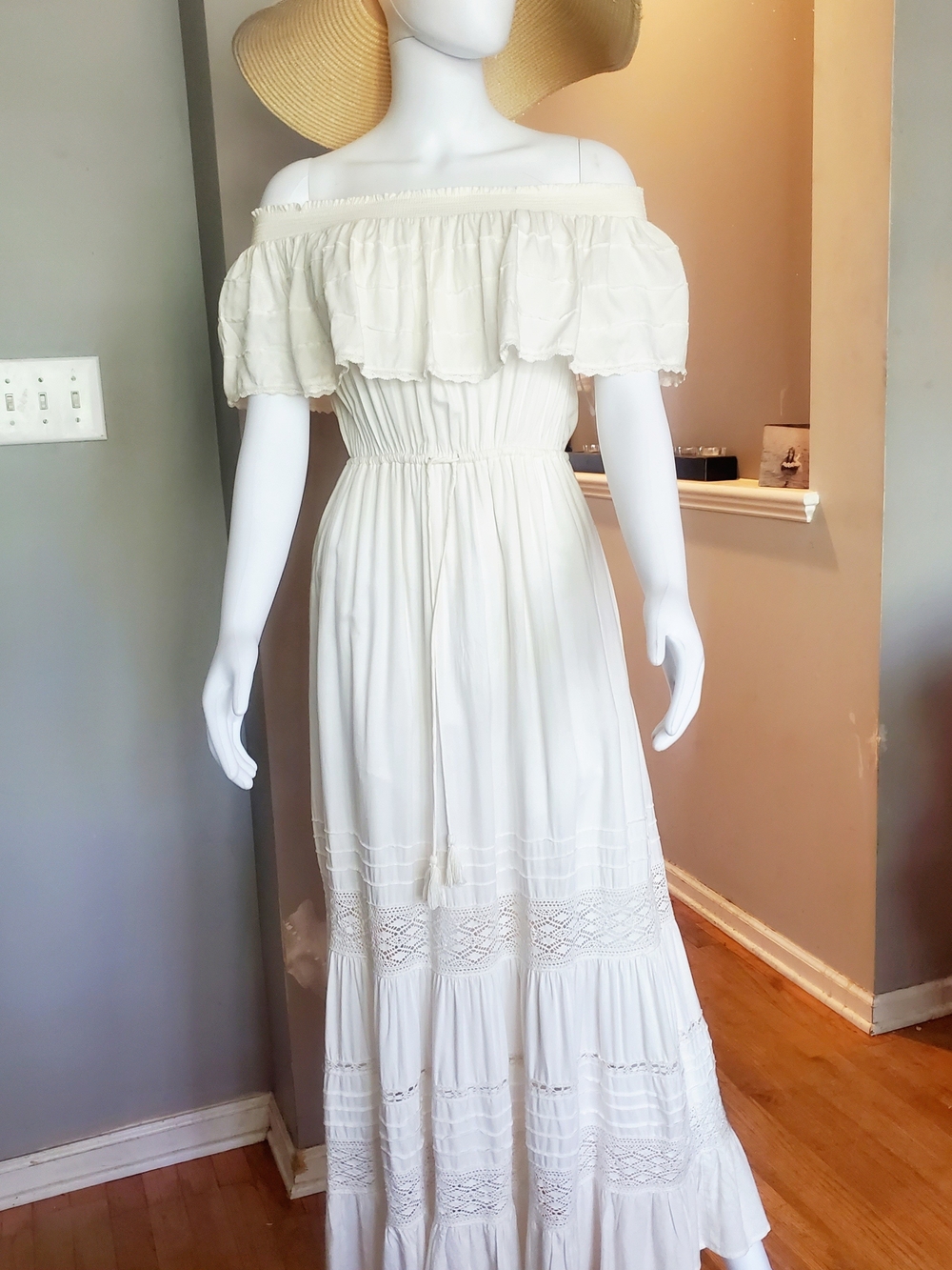 Off-Shoulder  OFF White Maxi Dress with Ruffle Neckline